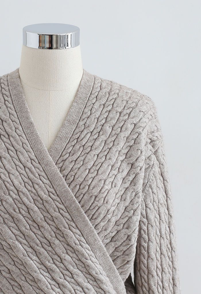 Cable Knit Wrap Front Crop Sweater in Linen