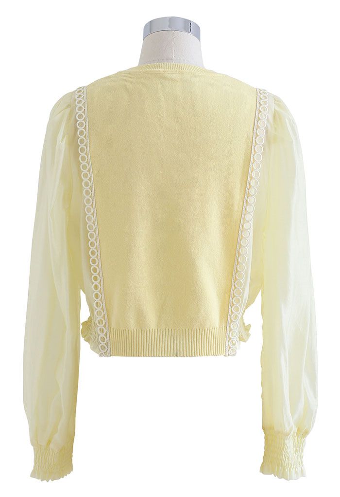 Spliced Sheer-Sleeve Crop Knit Top in Yellow