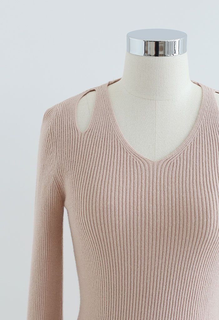 Cut Out Shoulder Fitted Knit Top in Dusty Pink