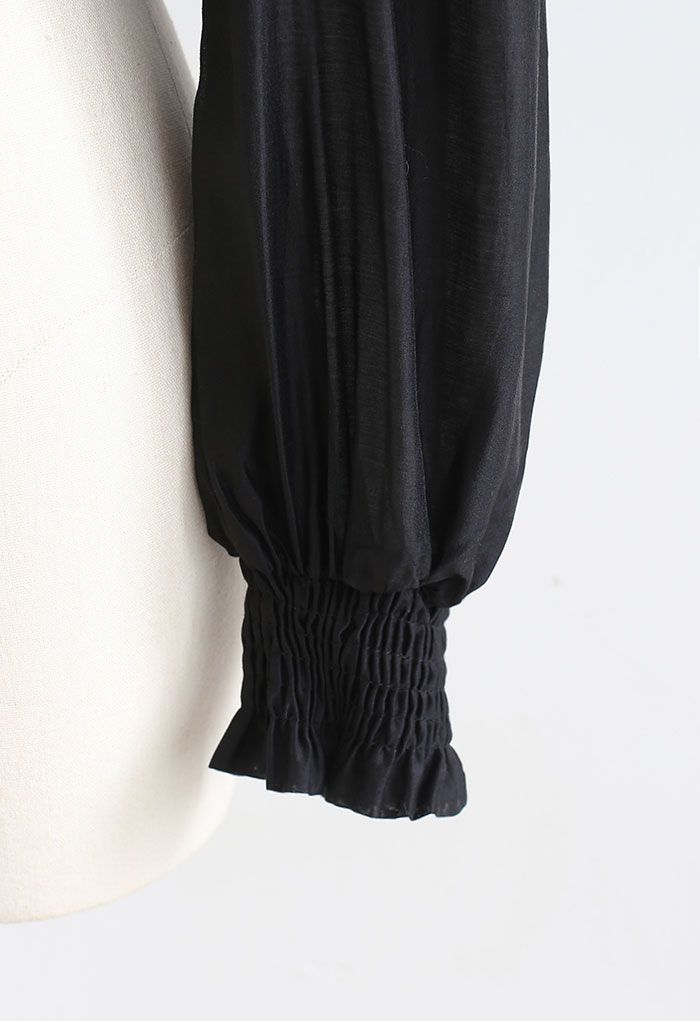 Spliced Sheer-Sleeve Crop Knit Top in Black