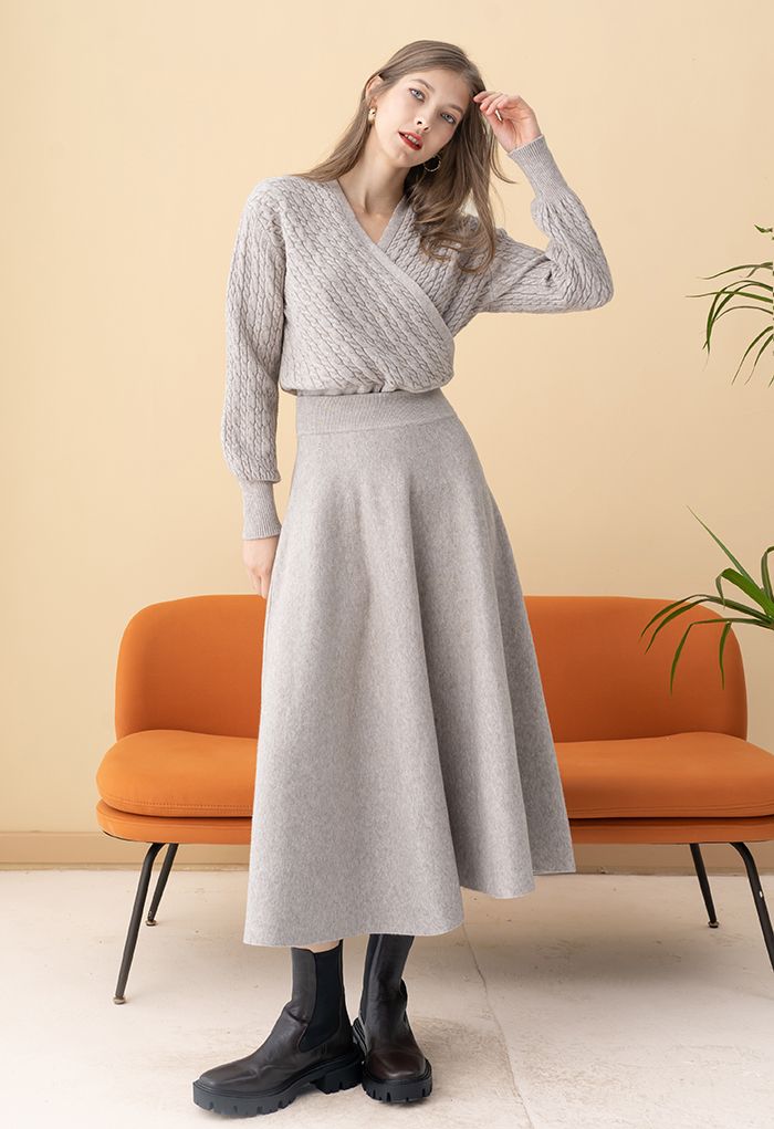 Cable Knit Wrap Front Crop Sweater in Linen