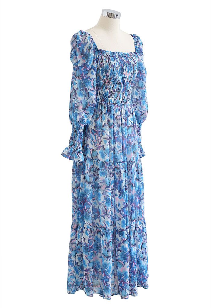 Watercolor Floral Shirred Frilling Midi Dress in Blue