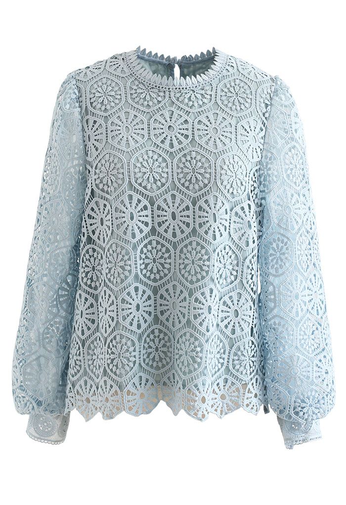 Geometric Crochet Mesh Sleeve Top in Blue