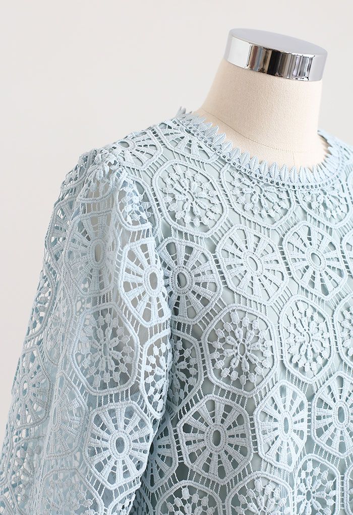 Geometric Crochet Mesh Sleeve Top in Blue