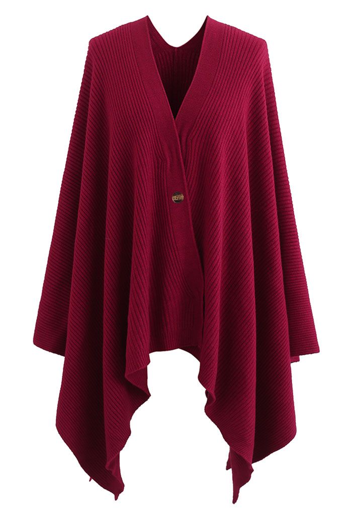 Buttoned Rib Knit Poncho Cape in Red