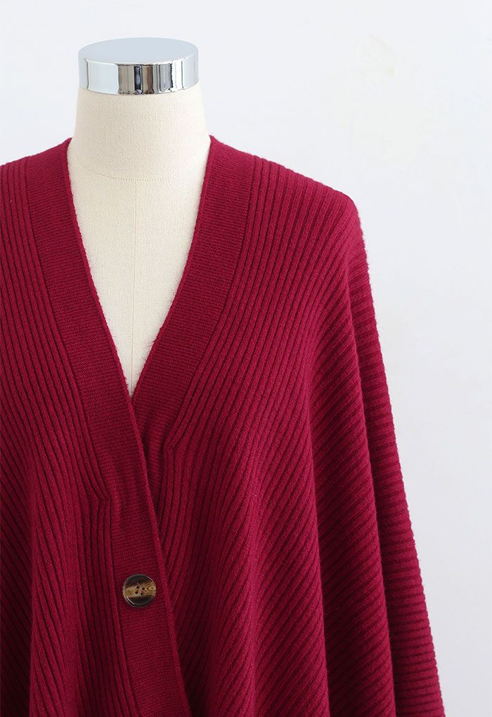 Buttoned Rib Knit Poncho Cape in Red