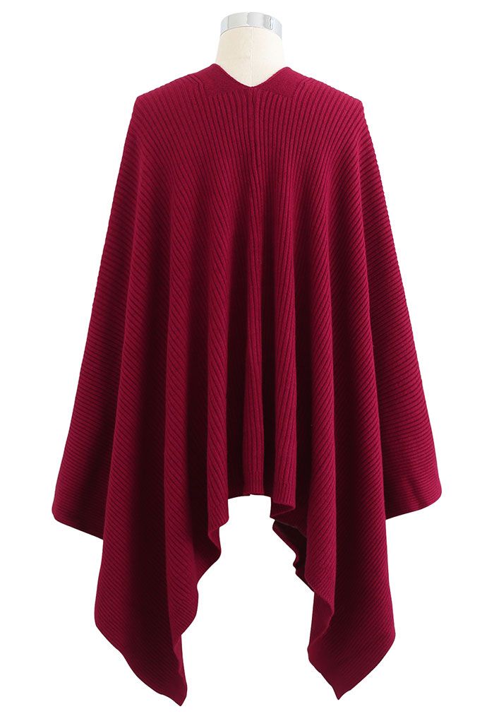 Buttoned Rib Knit Poncho Cape in Red