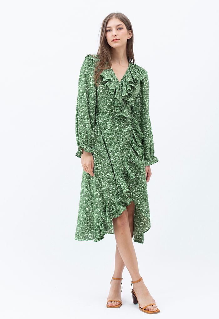 Flowery Wrap Ruffle Asymmetric Midi Dress in Green