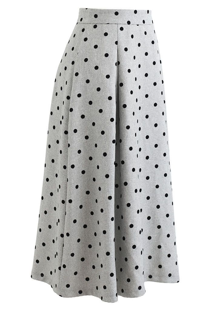 Polka Dot High Waist Midi Skirt in Grey