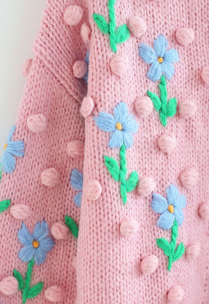 Stitch Posy Pom-Pom Hand-Knit Cardigan in Pink