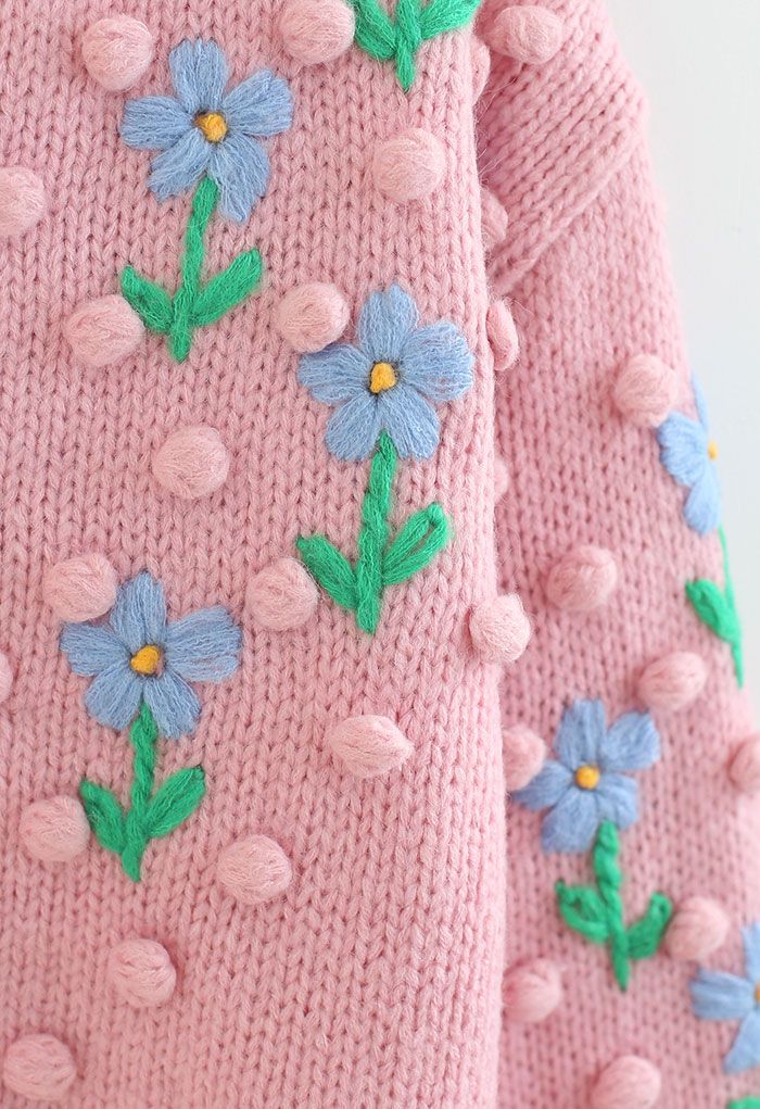 Stitch Posy Pom-Pom Hand-Knit Cardigan in Pink