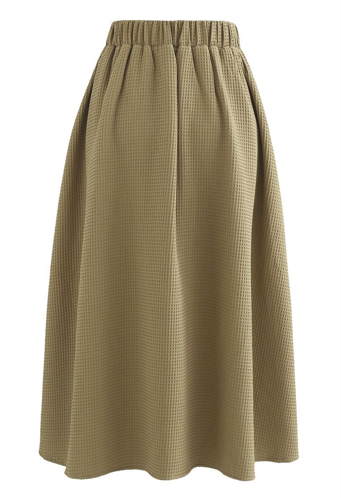 Waffle Pattern Pleated Midi Skirt in Khaki