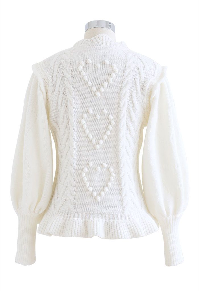 Still My Heart Bubble Sleeves Ruffle Hem Knit Sweater in White