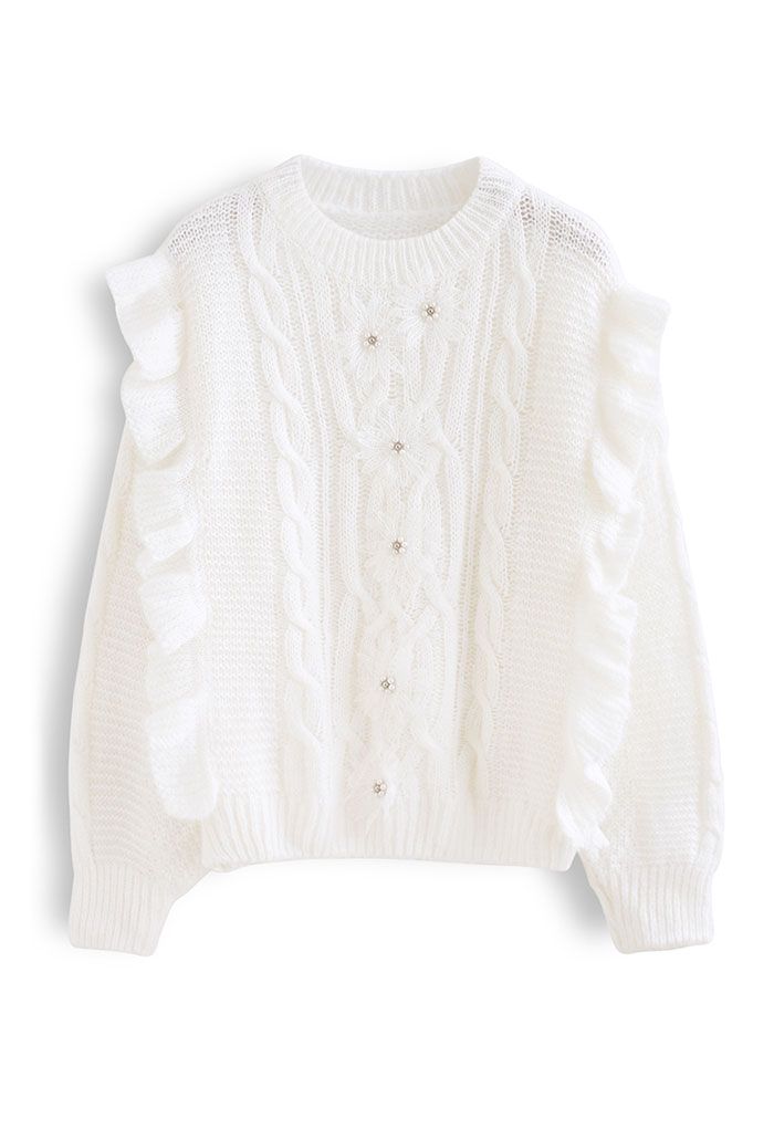 Crochet Flowers Decorated Ruffle Cable Knit Sweater in White