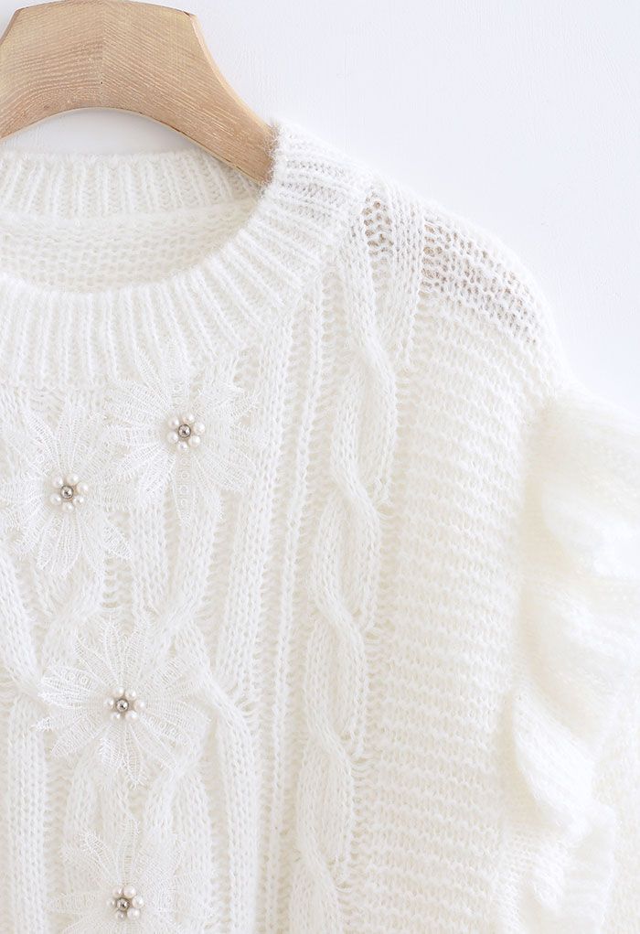 Crochet Flowers Decorated Ruffle Cable Knit Sweater in White