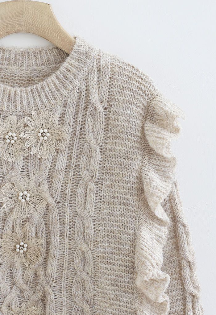 Crochet Flowers Decorated Ruffle Cable Knit Sweater in Linen