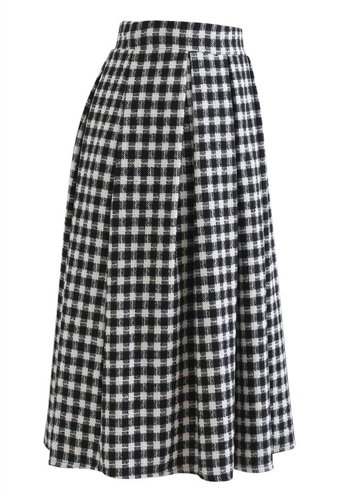 Plaid Print Wool-Blend Pleated Midi Skirt in Black