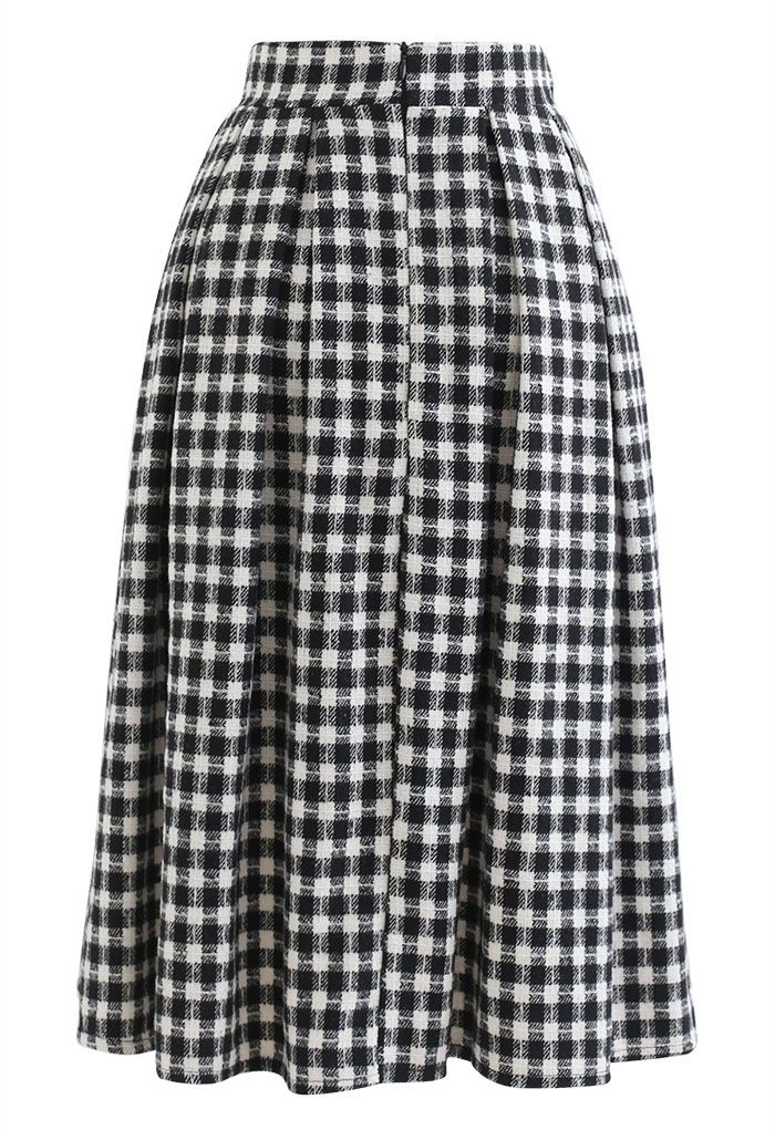 Plaid Print Wool-Blend Pleated Midi Skirt in Black