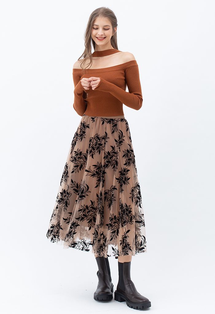 3D Leaf Double-Layered Mesh Tulle Midi Skirt in Caramel