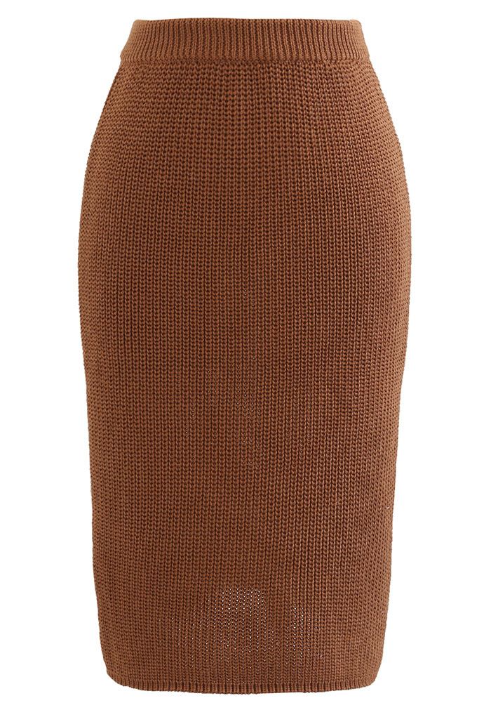 Three-Piece Rib Knit Cardigan and Pencil Skirt Set in Caramel