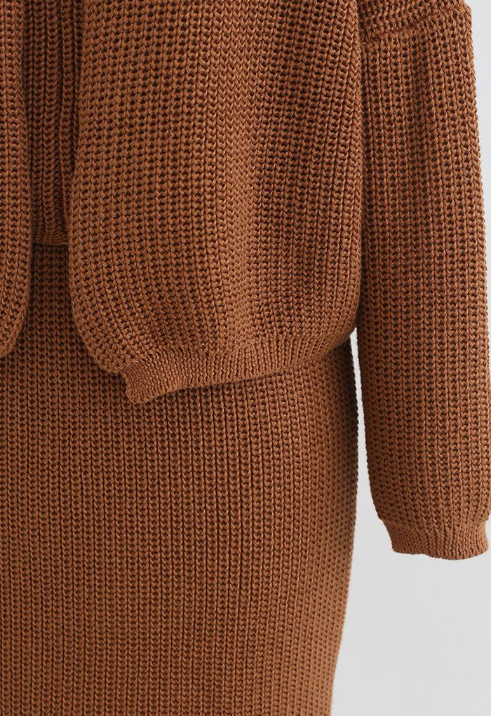 Three-Piece Rib Knit Cardigan and Pencil Skirt Set in Caramel