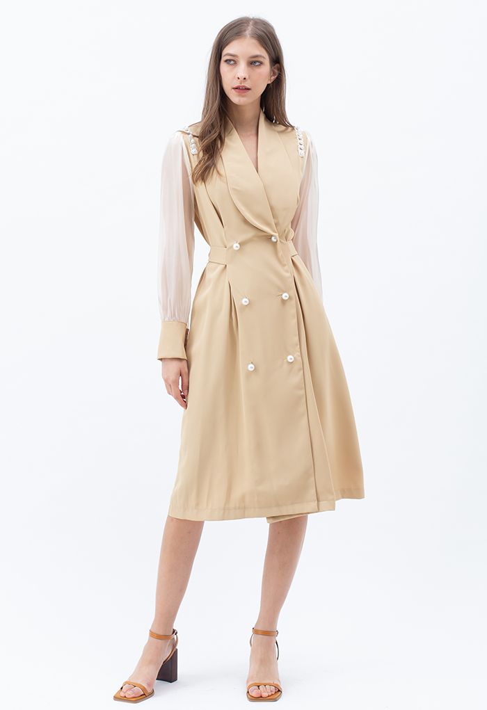 Organza Sleeve Spliced Pearly Blazer Dress in Light Yellow