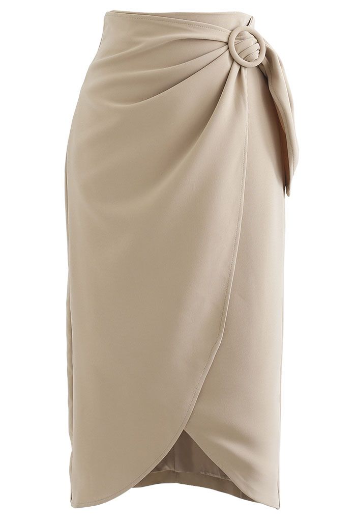 Flap Front Knot Side Midi Petal Skirt in Light Tan