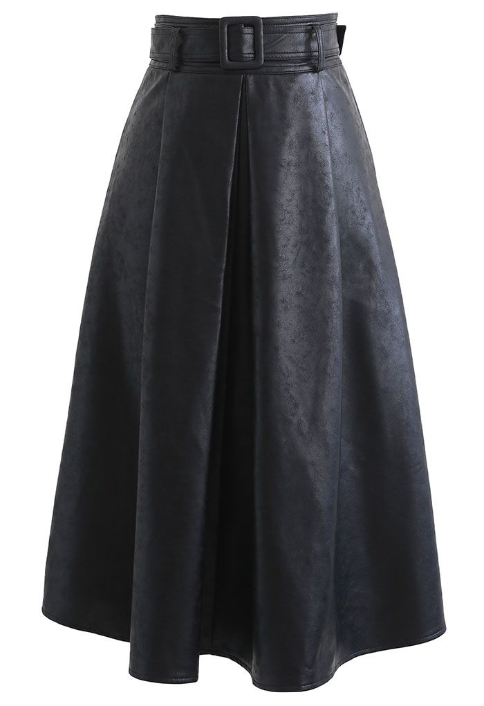 Textured Faux Leather Belted Pleated Skirt in Black - Retro, Indie and ...