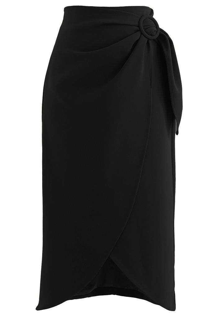 Flap Front Knot Side Midi Petal Skirt in Black