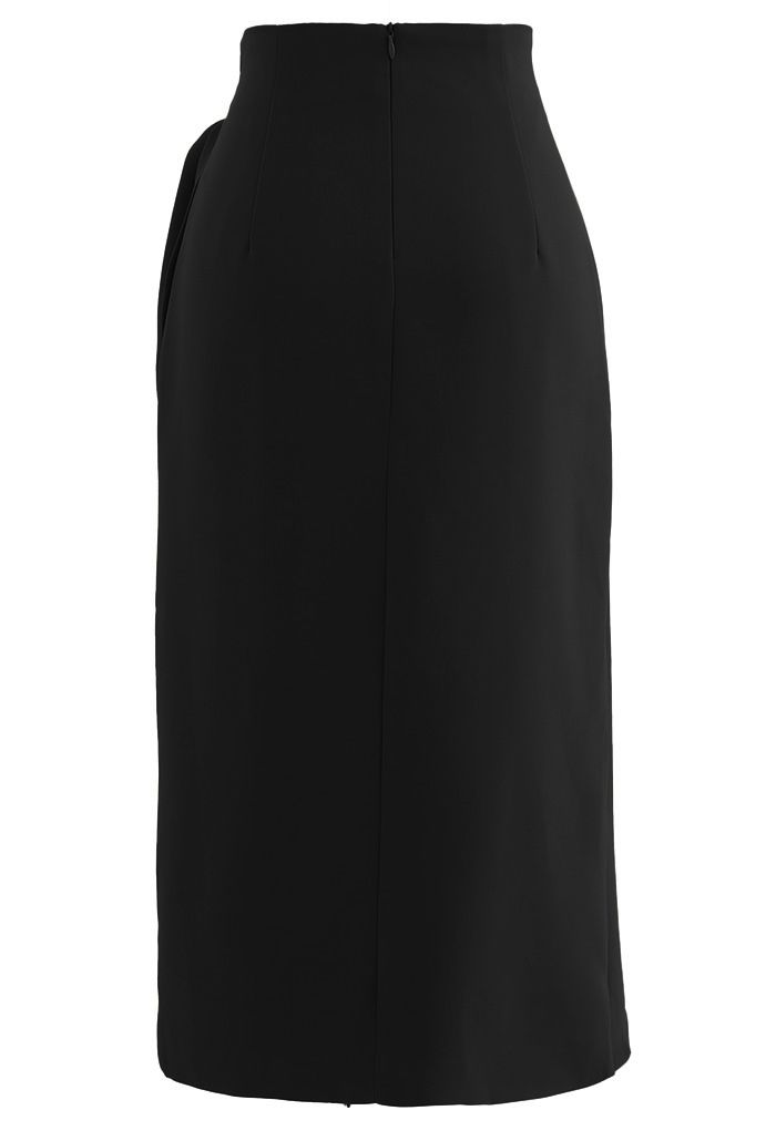 Flap Front Knot Side Midi Petal Skirt in Black