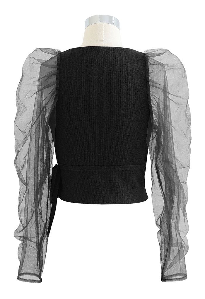 Ruched Mesh Sleeve Cropped Wrap Knit Top in Black