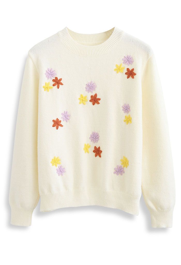 Falling Stitched Flower Soft Touch Knit Sweater