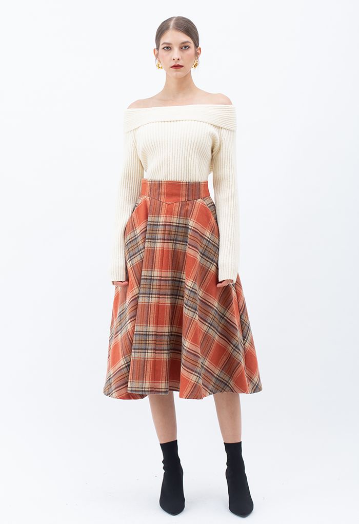Multicolor Check Print Wool-Blend A-Line Skirt