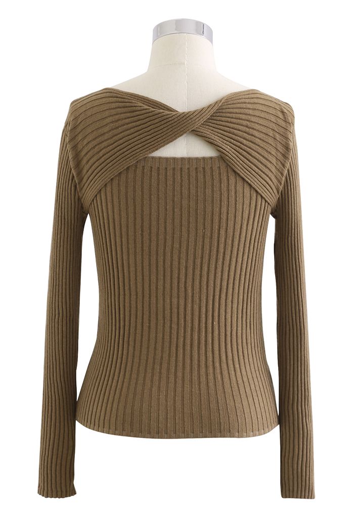 Twisted Cut Out Fitted Knit Top in Tan