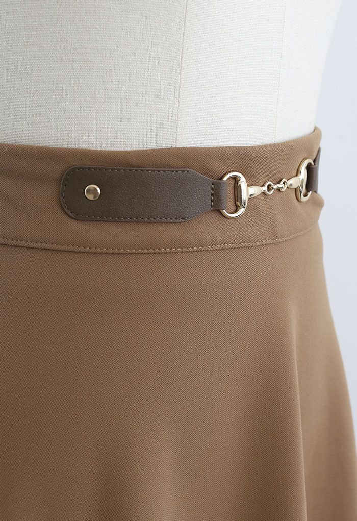 Horsebit Decorated A-Line Midi Skirt in Tan