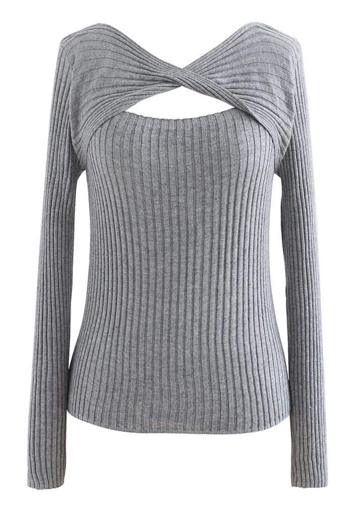 Twisted Cut Out Fitted Knit Top in Grey