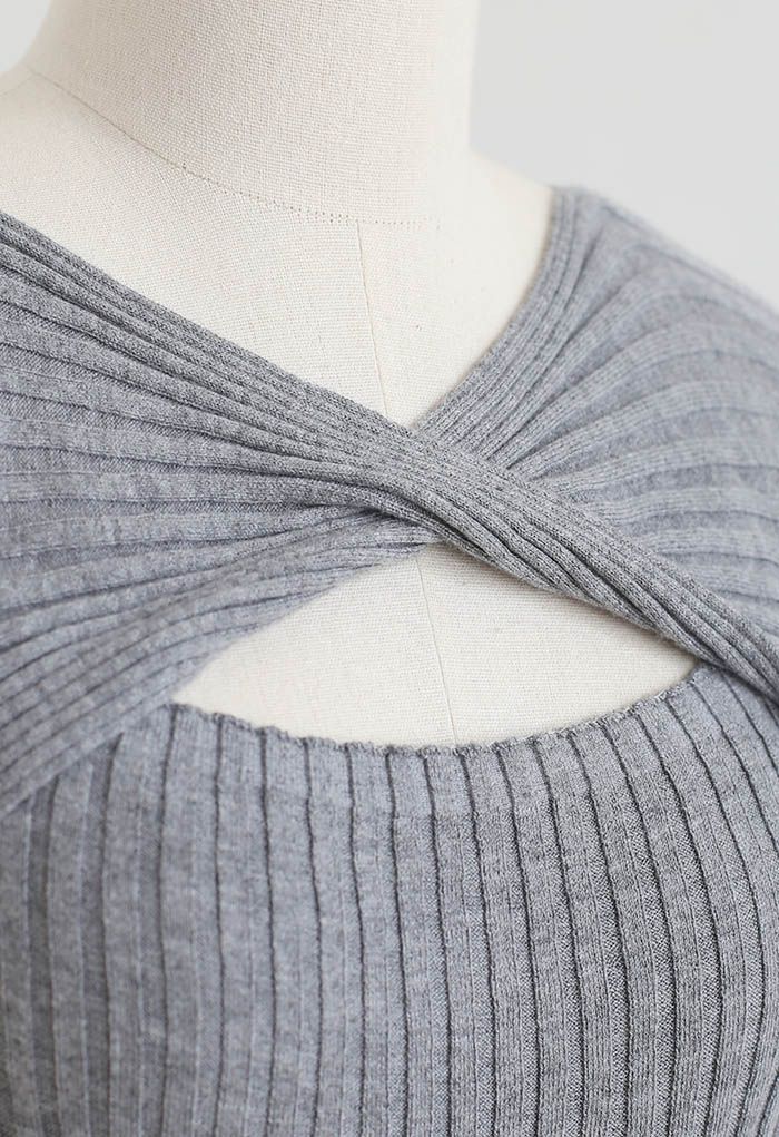 Twisted Cut Out Fitted Knit Top in Grey