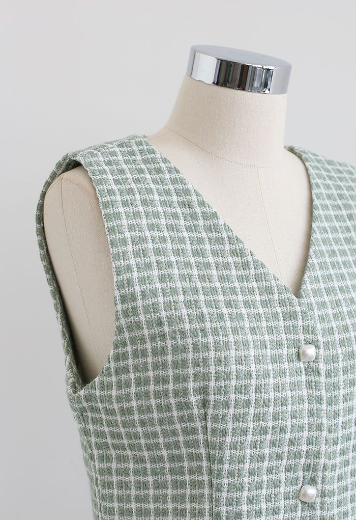 Button Down Sleeveless Shimmer Tweed Dress in Mint