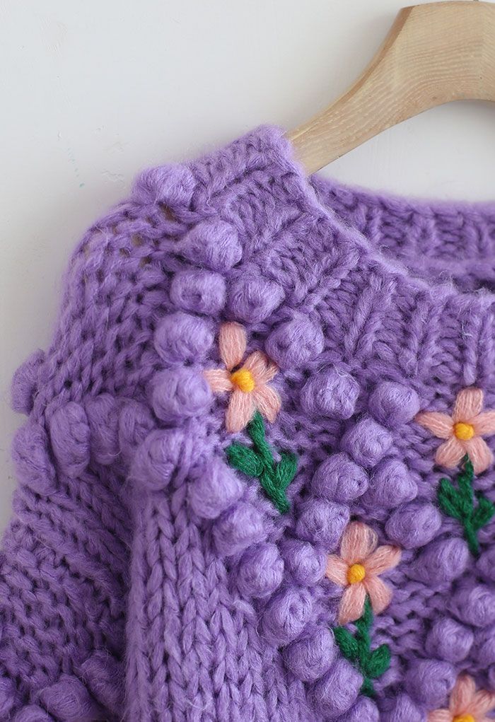 Stitch Floral Diamond Pom-Pom Hand Knit Sweater in Purple