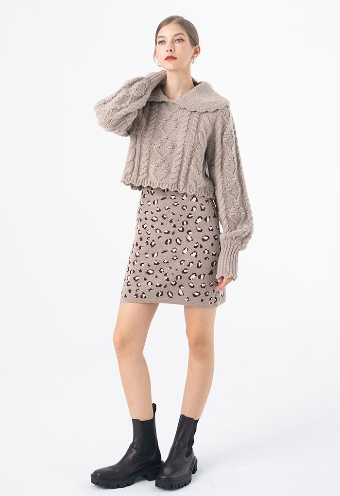 Leopard Print Knitted Bud Skirt in Taupe