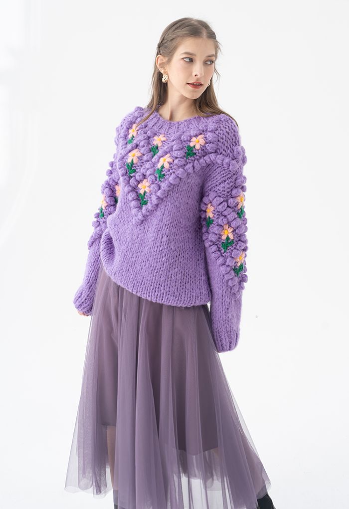 Stitch Floral Diamond Pom-Pom Hand Knit Sweater in Purple