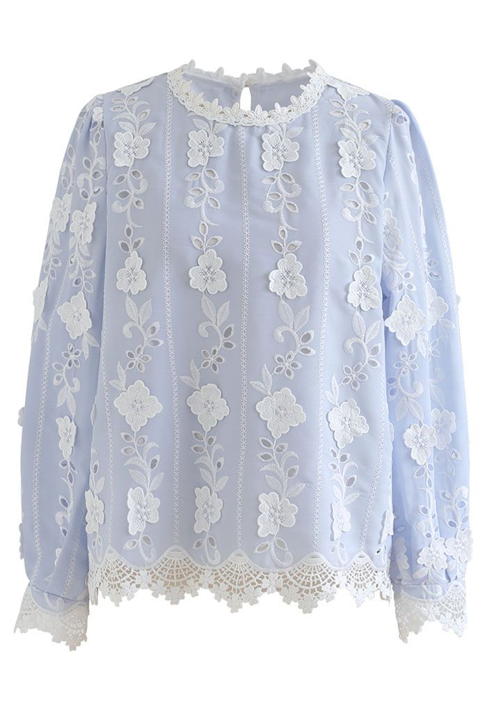 Embroidered Floral Eyelet Top in Baby Blue
