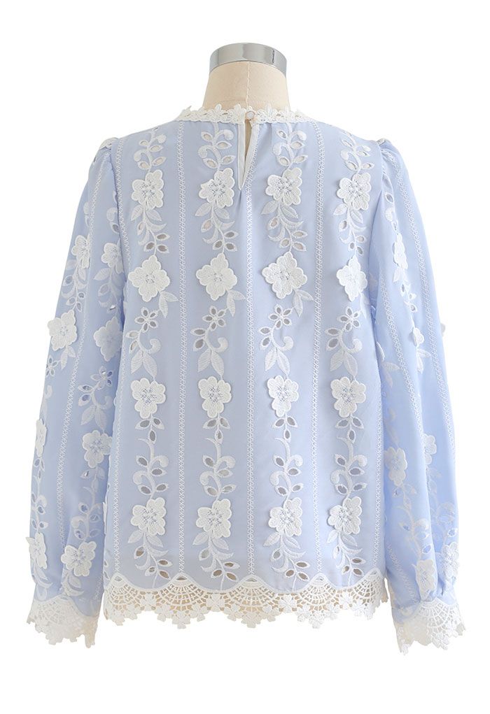 Embroidered Floral Eyelet Top in Baby Blue