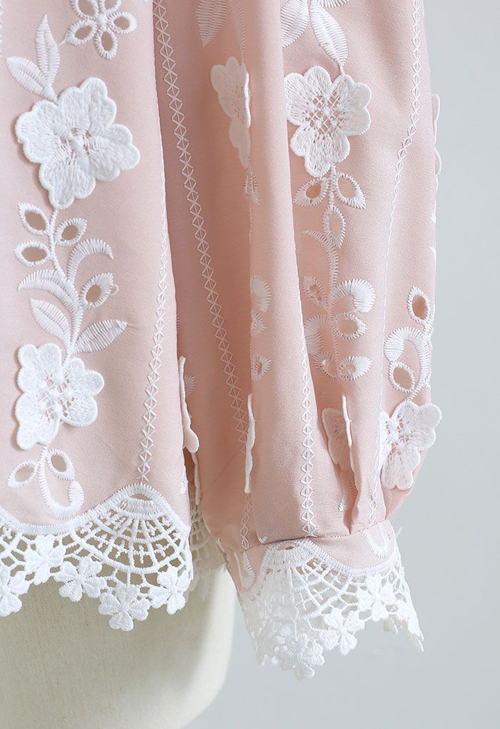 Embroidered Floral Eyelet Top in Pink