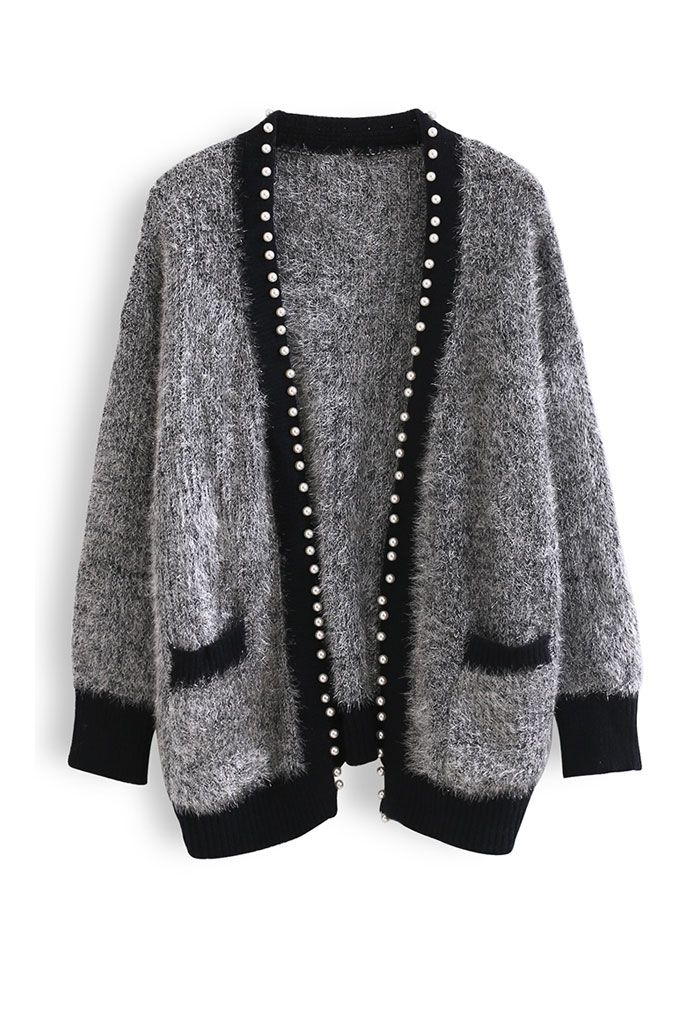 Shimmer Fuzzy Knit Pearly Cardigan in Grey