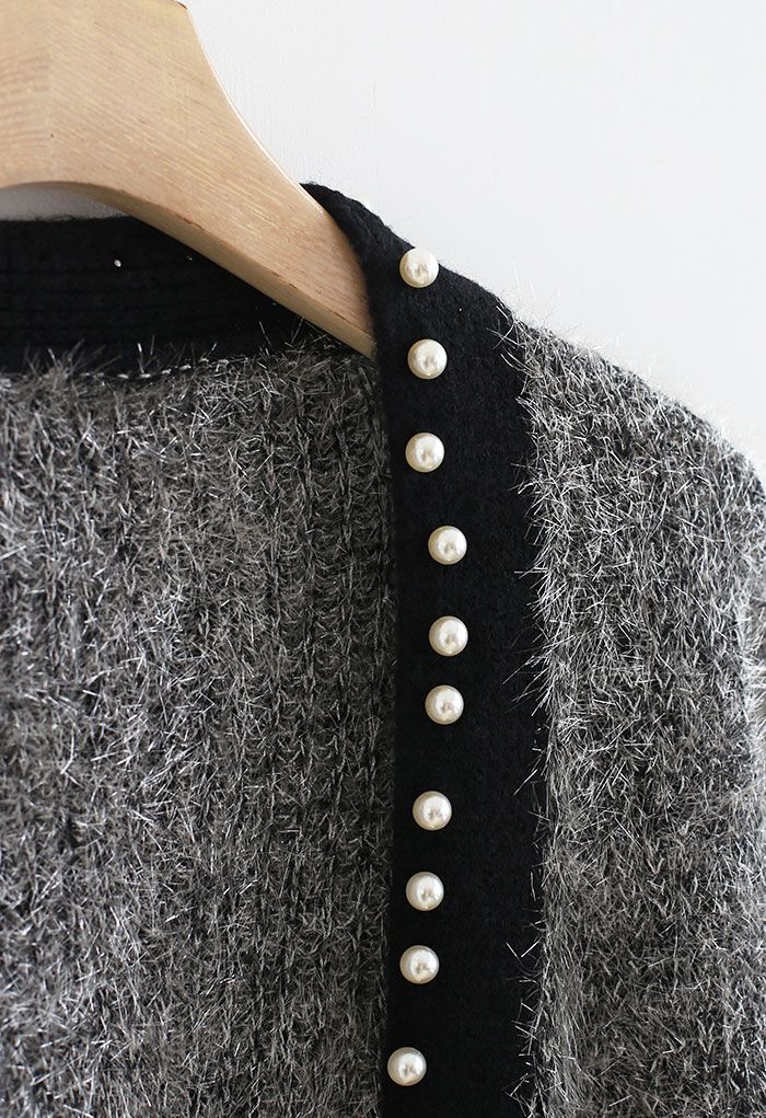 Shimmer Fuzzy Knit Pearly Cardigan in Grey