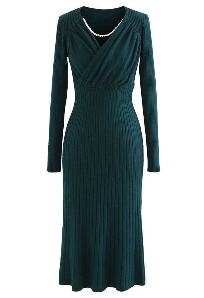 Ruched Wrap Front Ribbed Knit A-line Midi Dress in Green