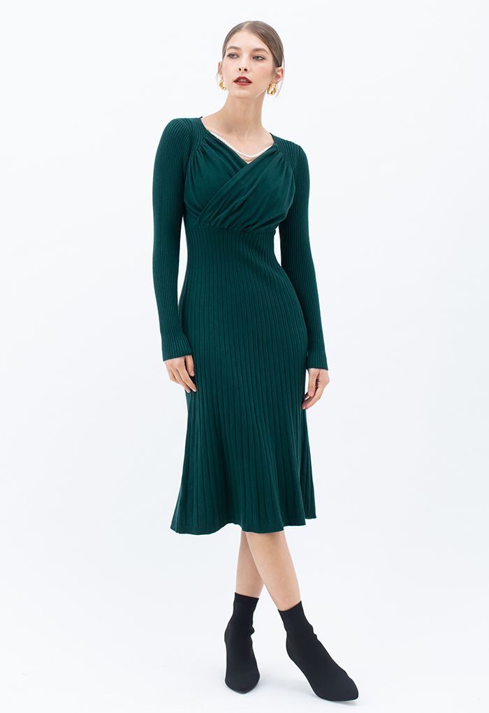 Ruched Wrap Front Ribbed Knit A-line Midi Dress in Green
