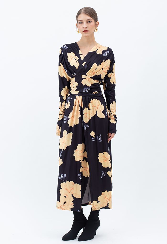 Ruched Wrap V-Neck Slit Maxi Dress in Floral