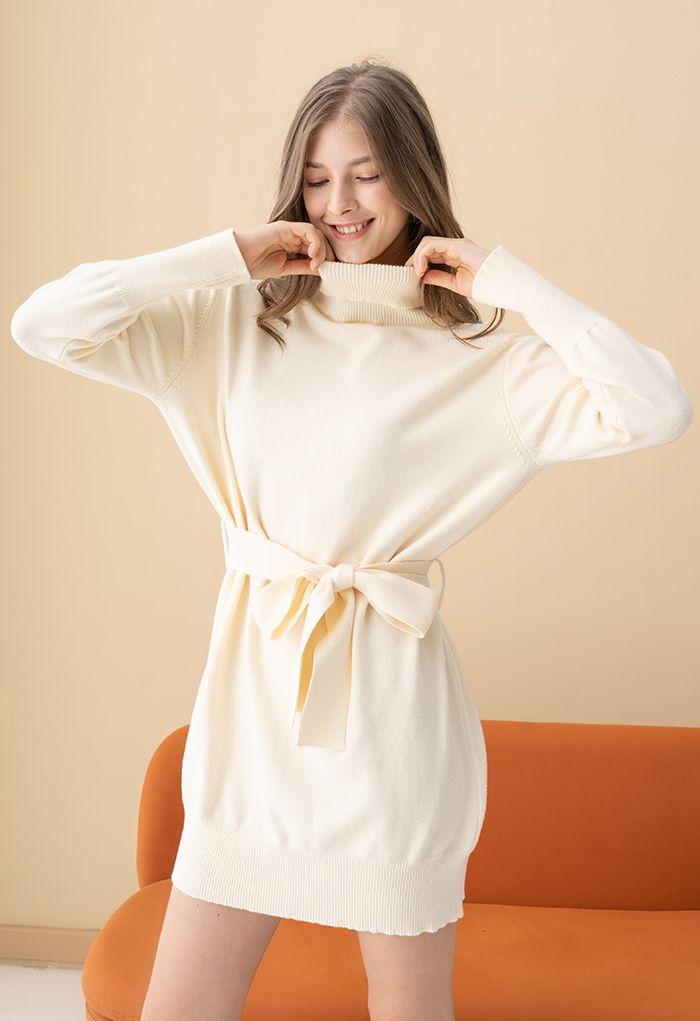 Turtleneck Self-Tie Waist Sweater Dress in Cream